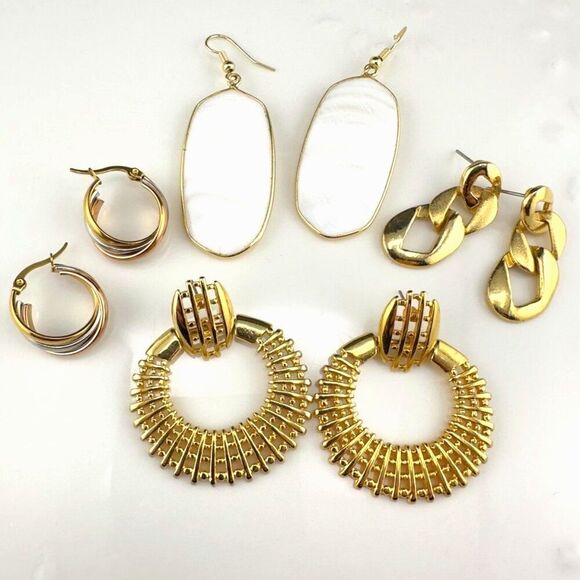 Gold Tone Earring bundle lot Door Knocker Hoop Dangle Drop Chain link - Picture 1 of 5
